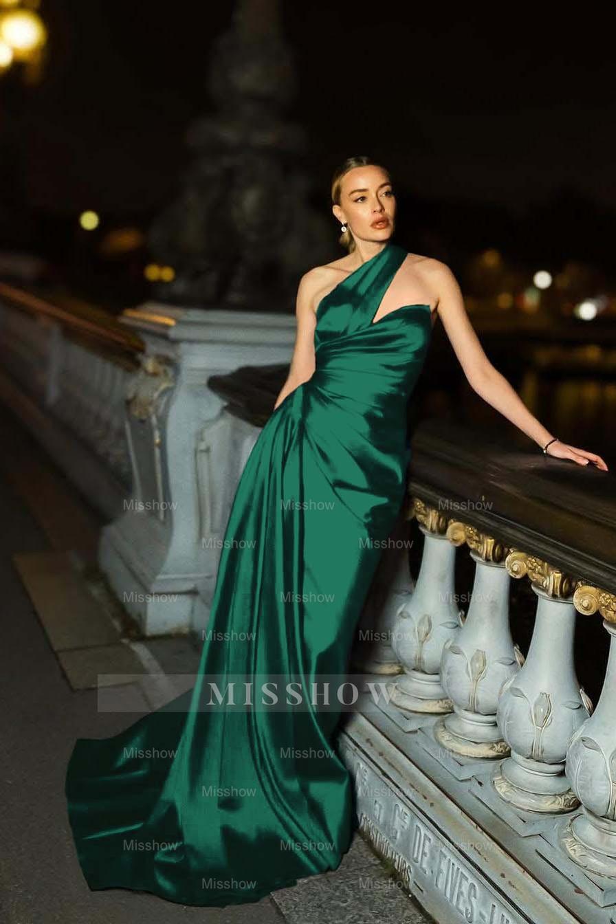 One Shoulder Sleeveless Mermaid Long Formal Dress With Ruffles Pleated