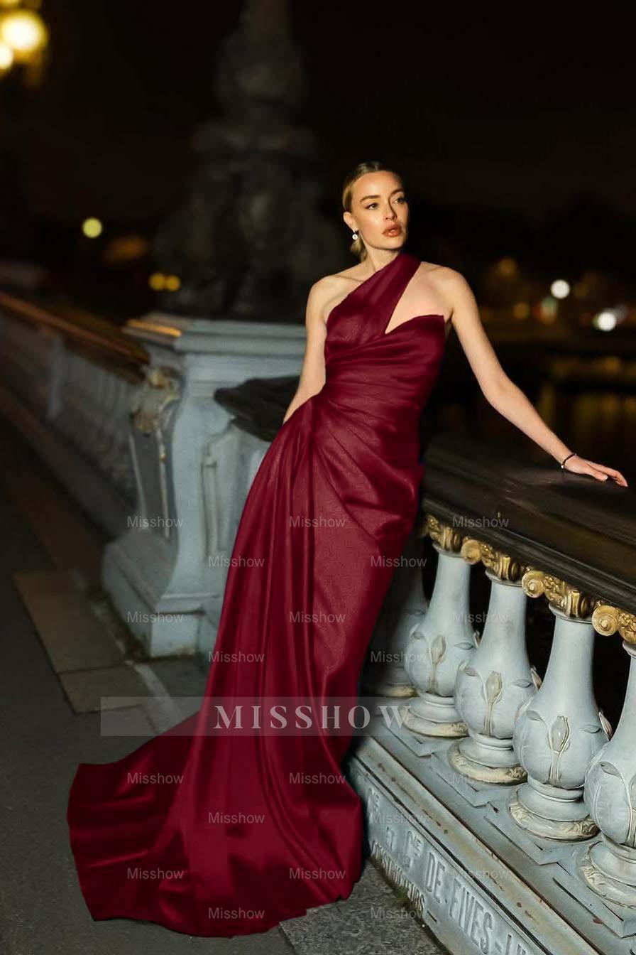 One Shoulder Sleeveless Mermaid Long Formal Dress With Ruffles Pleated