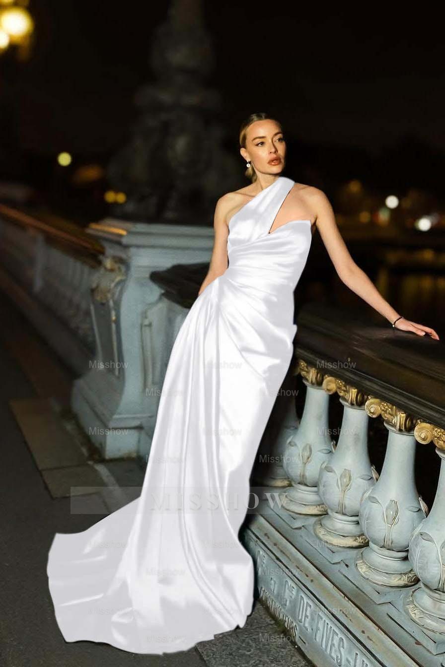 One Shoulder Sleeveless Mermaid Long Formal Dress With Ruffles Pleated