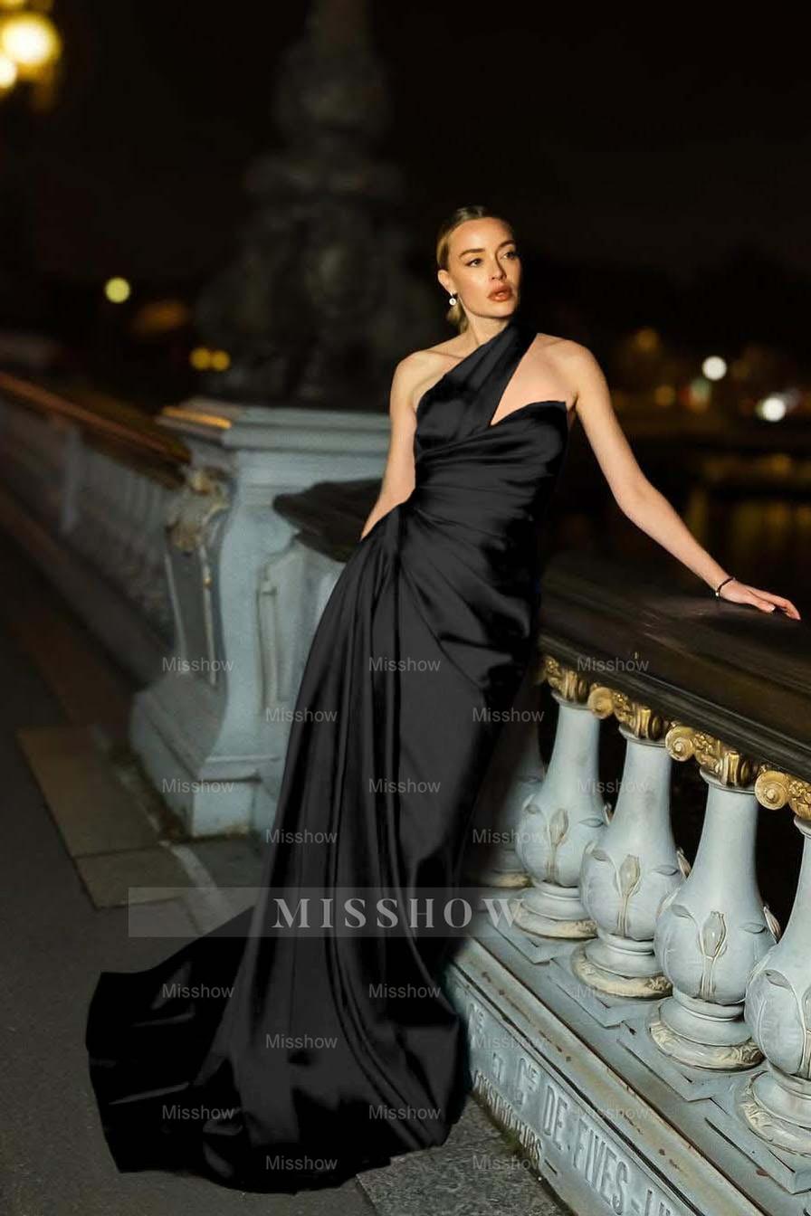 One Shoulder Sleeveless Mermaid Long Formal Dress With Ruffles Pleated