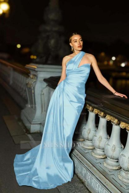 One Shoulder Sleeveless Mermaid Long Formal Dress With Ruffles Pleated