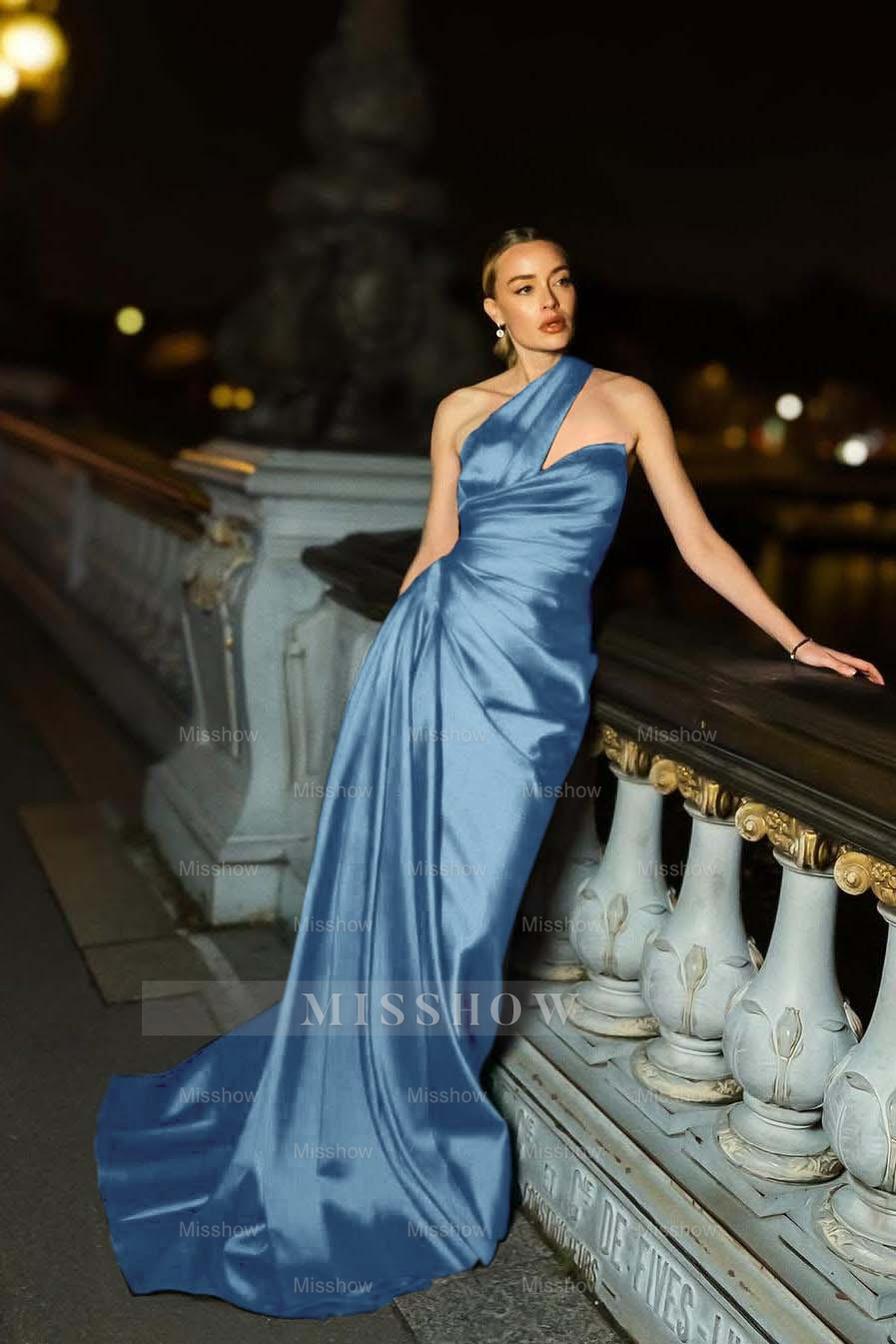 One Shoulder Sleeveless Mermaid Long Formal Dress With Ruffles Pleated
