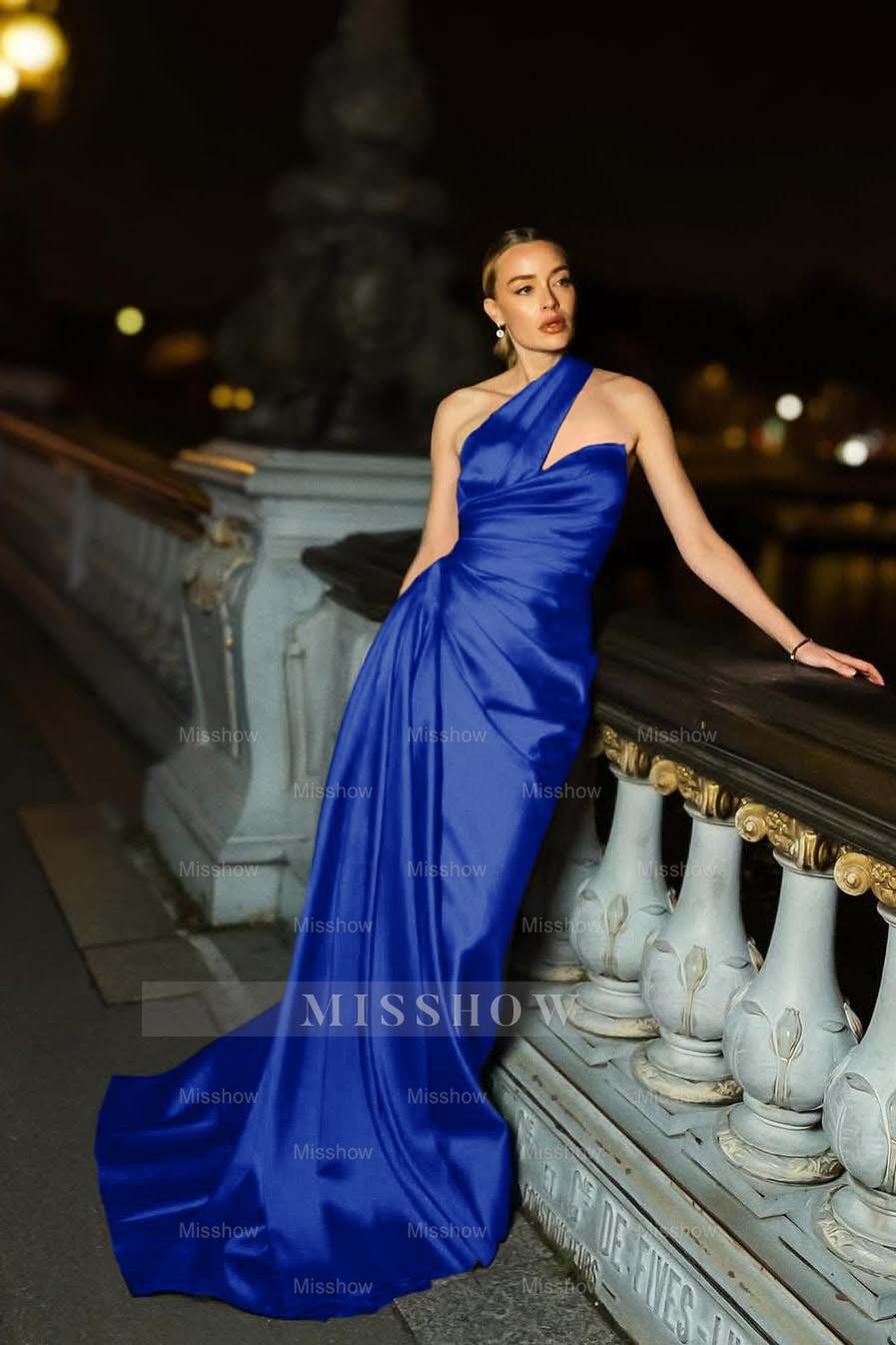 One Shoulder Sleeveless Mermaid Long Formal Dress With Ruffles Pleated
