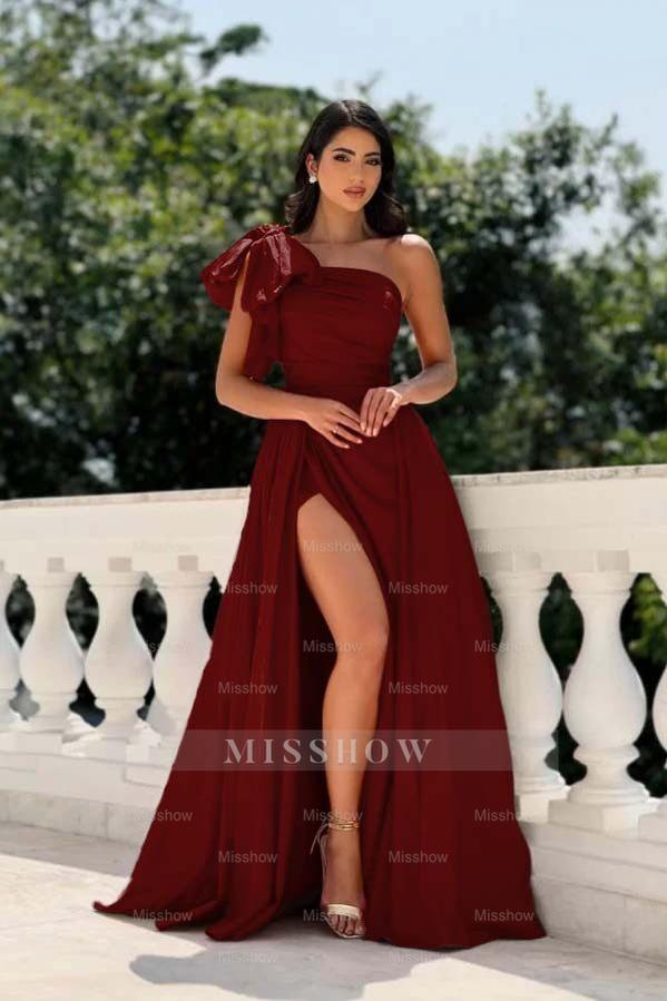 One Shoulder Sleeveless Mermaid Long Formal Dress With Split Pleated