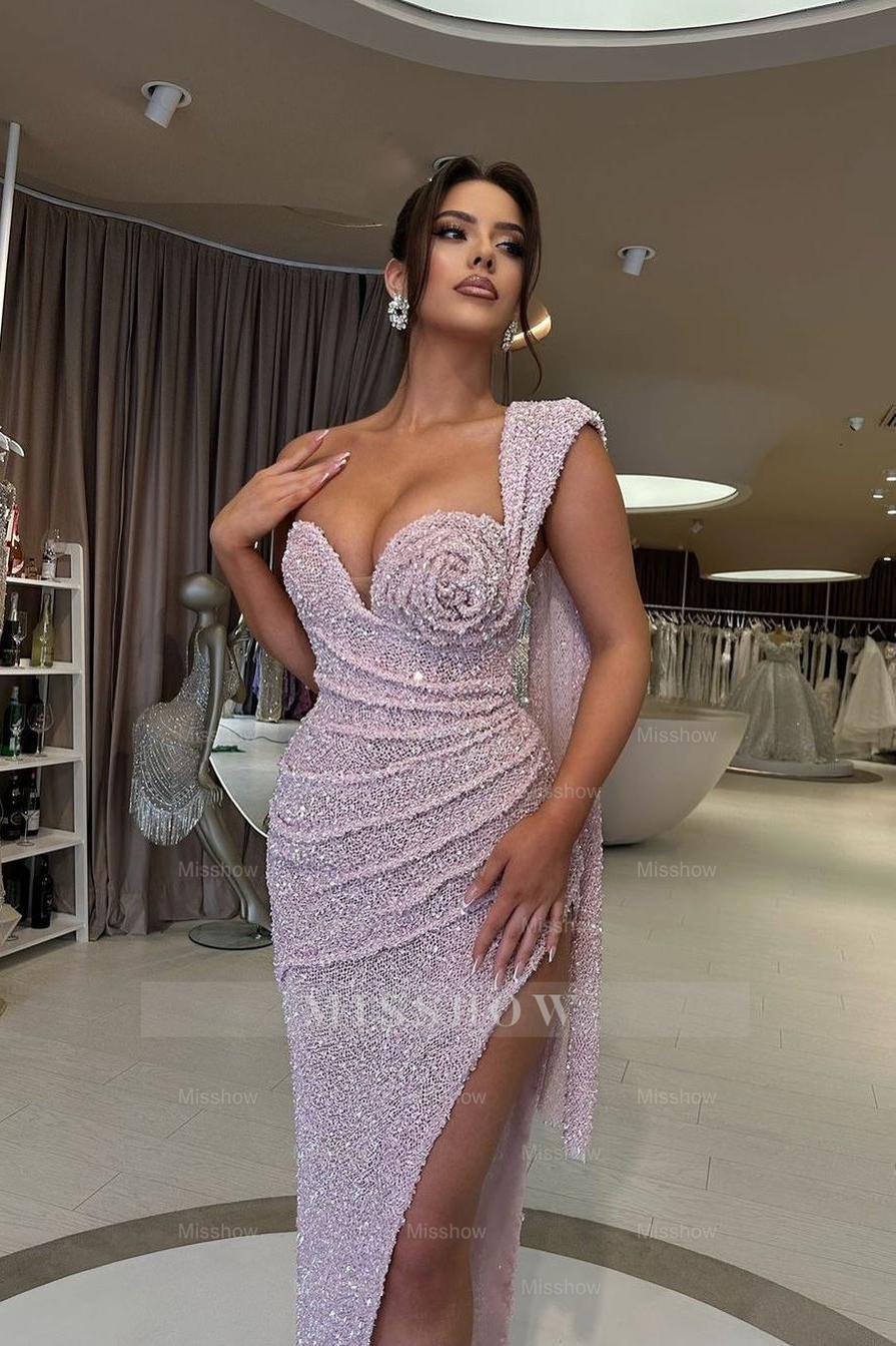 One Shoulder Sleeveless Sequins Long Pleated Formal Dress With High Split