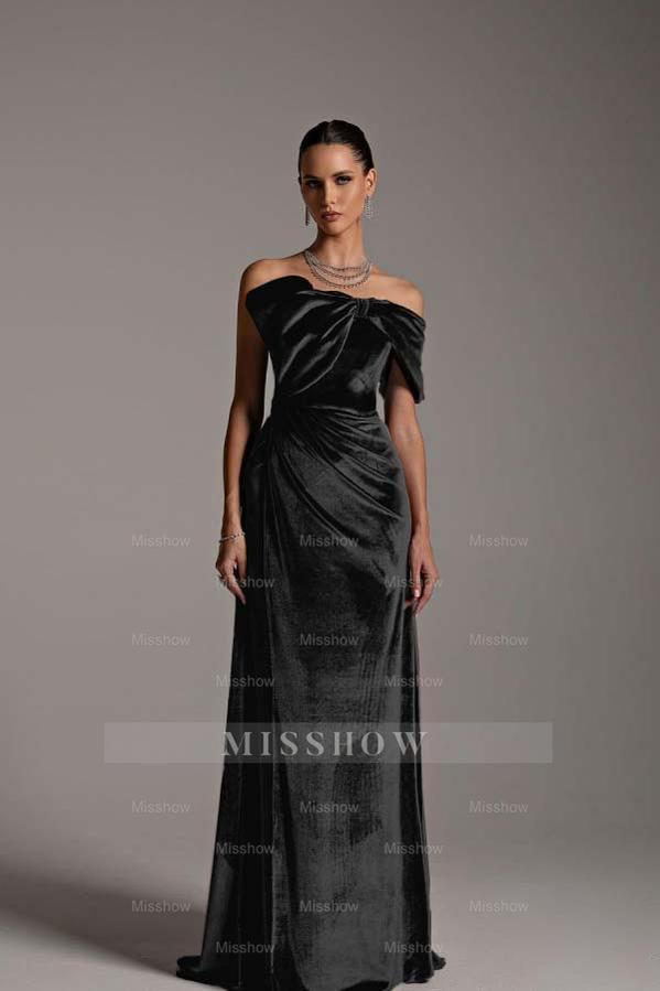 One Shoulder Strapless Sleeveless Long Mermaid Formal Dress With Pleated
