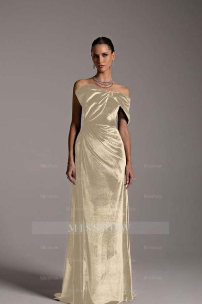 One Shoulder Strapless Sleeveless Long Mermaid Formal Dress With Pleated