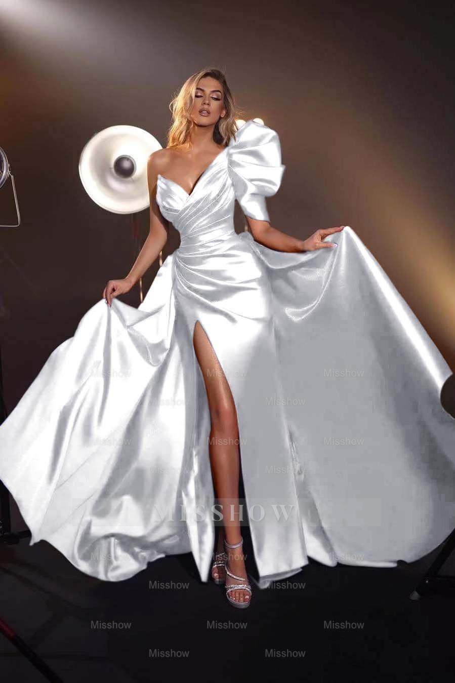 One Shoulder V Neck Sleeveless Long Split Formal Dress With Pleated