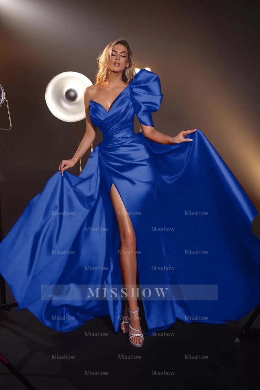 One Shoulder V Neck Sleeveless Long Split Formal Dress With Pleated