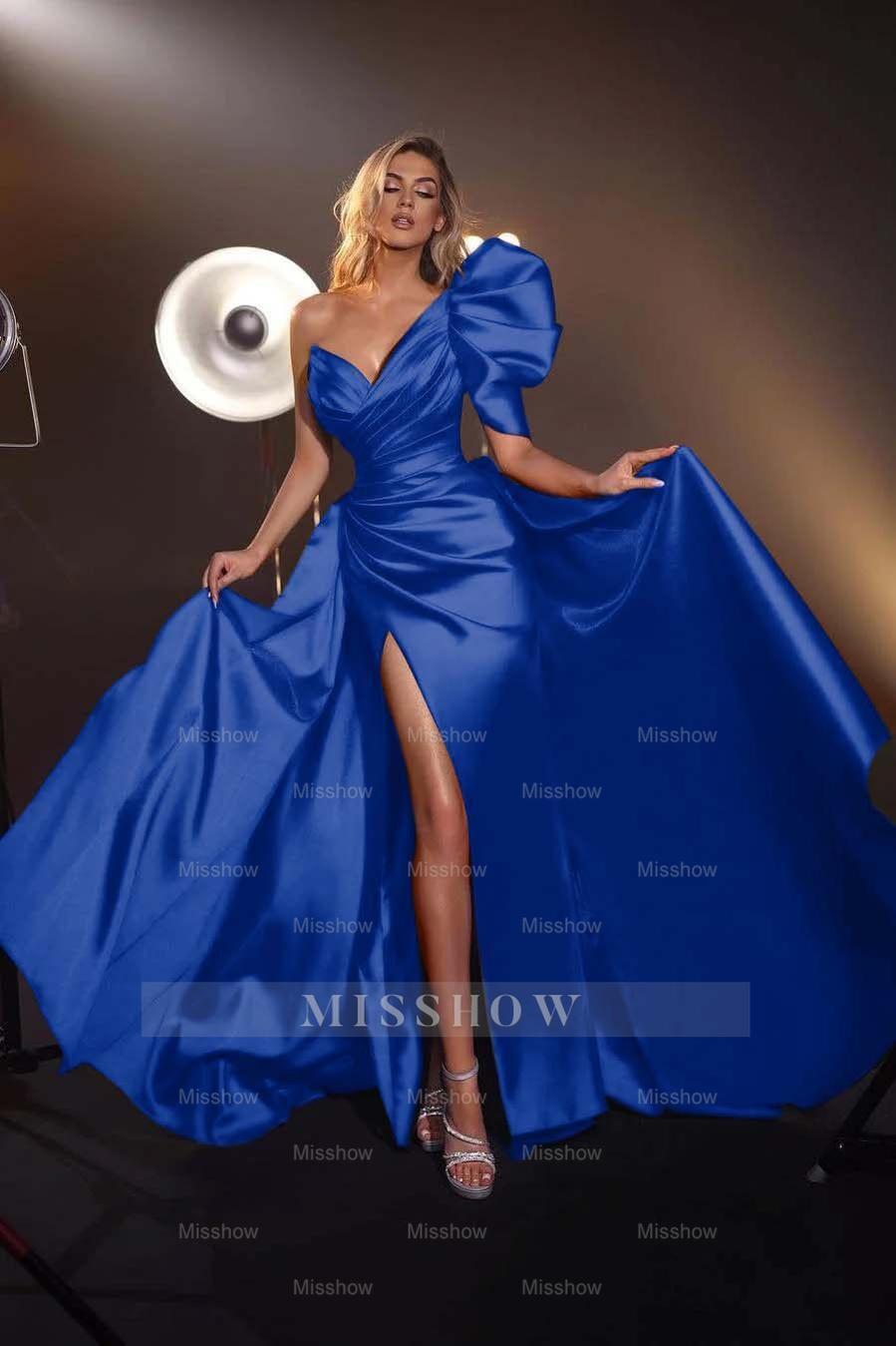 One Shoulder V Neck Sleeveless Long Split Formal Dress With Pleated