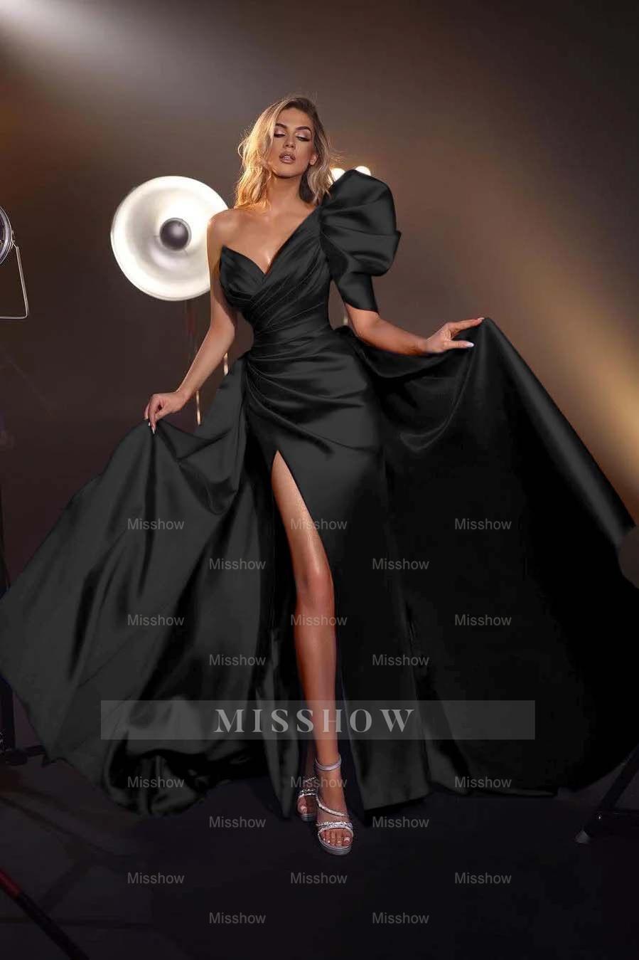 One Shoulder V Neck Sleeveless Long Split Formal Dress With Pleated