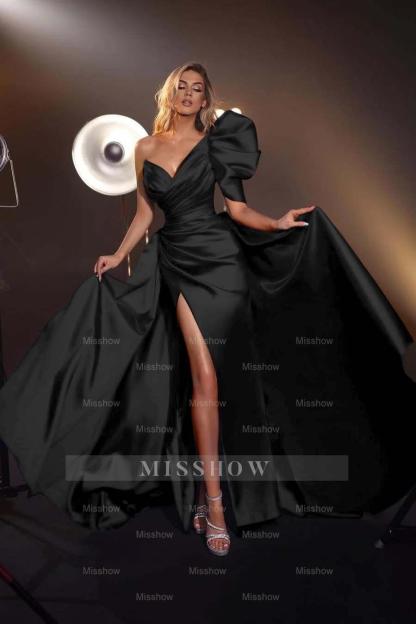 One Shoulder V Neck Sleeveless Long Split Formal Dress With Pleated