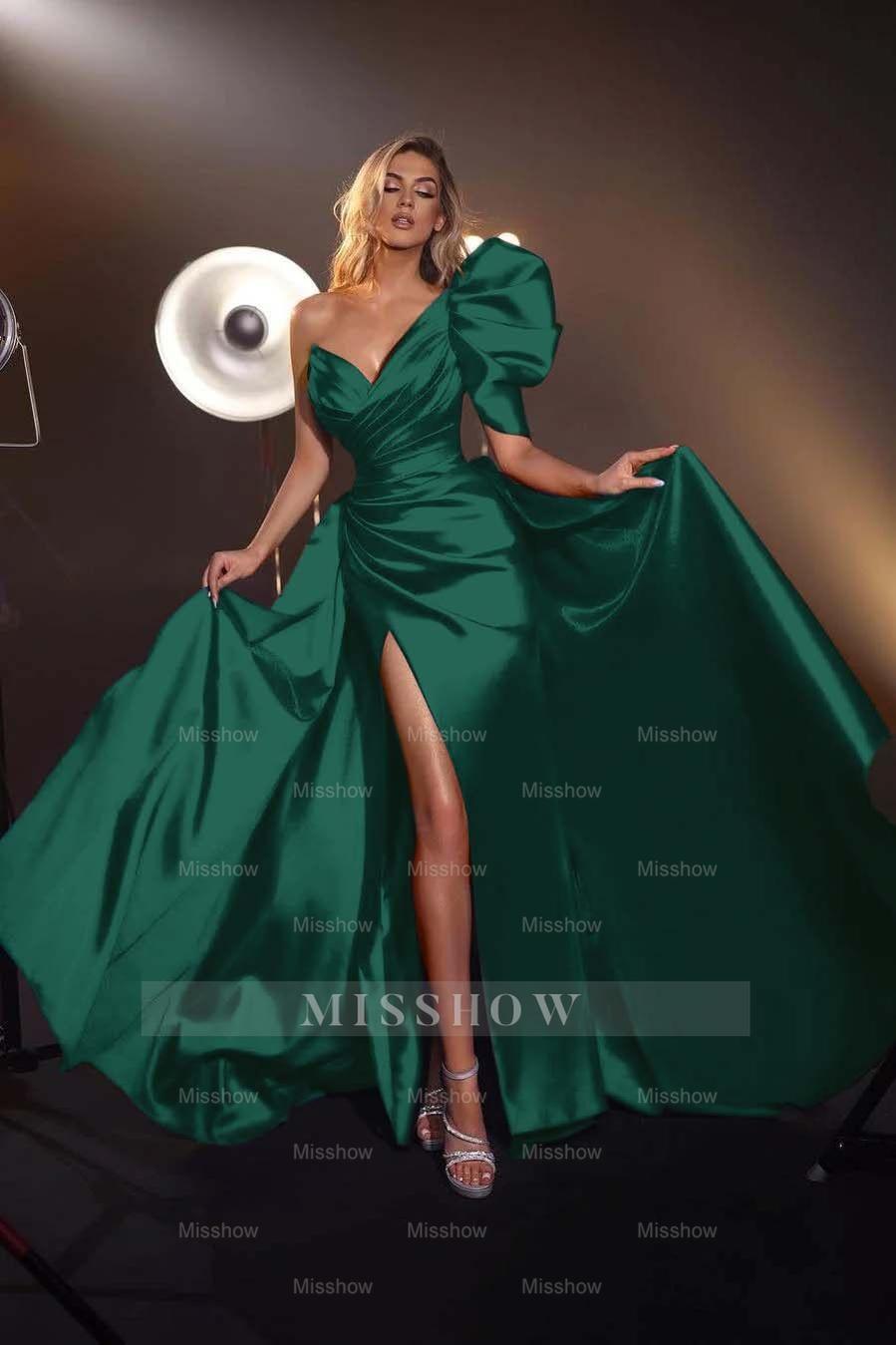 One Shoulder V Neck Sleeveless Long Split Formal Dress With Pleated