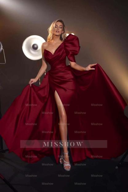 One Shoulder V Neck Sleeveless Long Split Formal Dress With Pleated