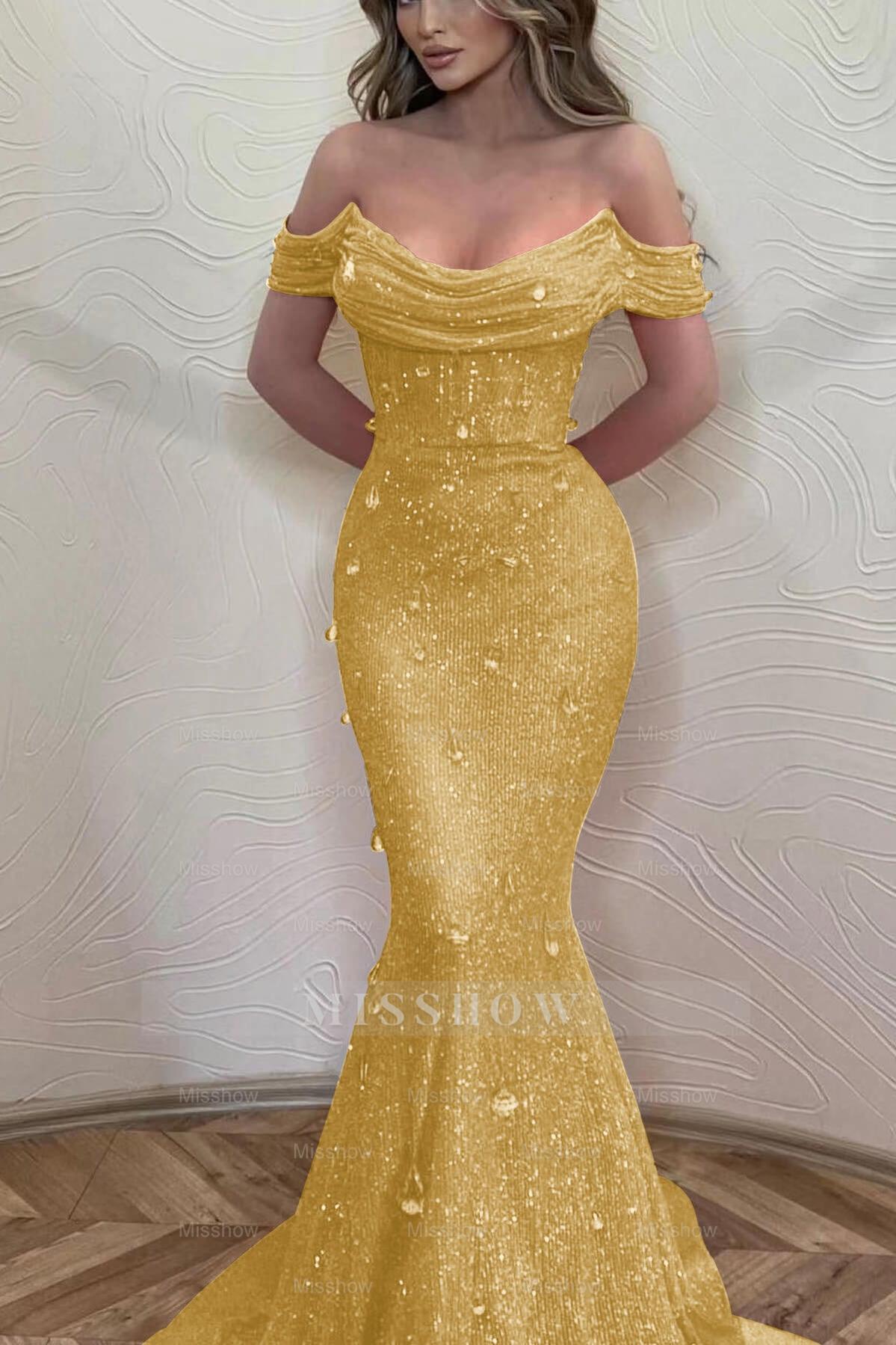 Orange Off the Shoulder Strapless Sleeveless Formal Dress With Sequins Mermaid