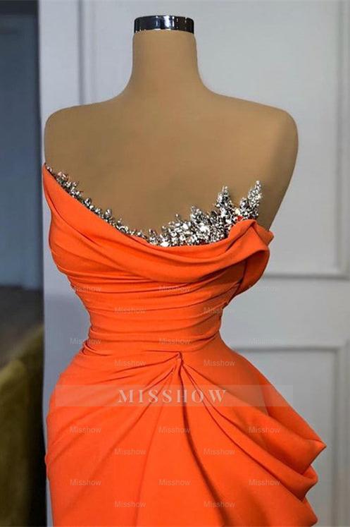 Orange Sequins Mermaid Online Strapless Pleated Formal Dress With Sleeveless