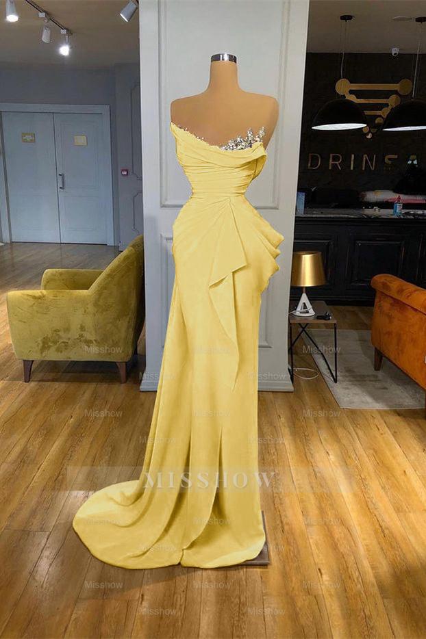 Orange Sequins Mermaid Online Strapless Pleated Formal Dress With Sleeveless