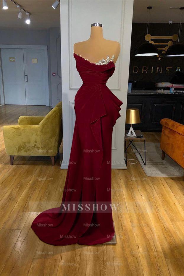Orange Sequins Mermaid Online Strapless Pleated Formal Dress With Sleeveless