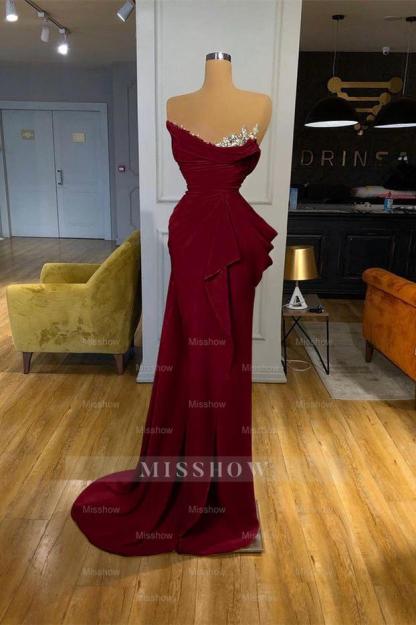 Orange Sequins Mermaid Online Strapless Pleated Formal Dress With Sleeveless