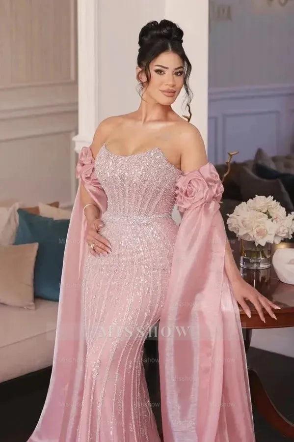 Pink Sequined Scoop Strapless Chiffon Mermaid Formal Dress with Flowers