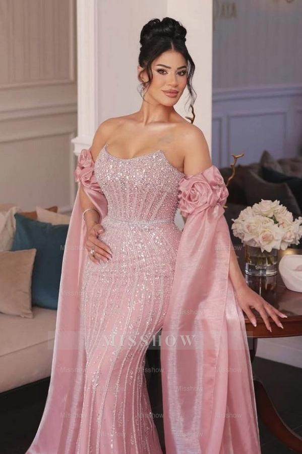 Pink Sequined Scoop Strapless Chiffon Mermaid Formal Dress with Flowers