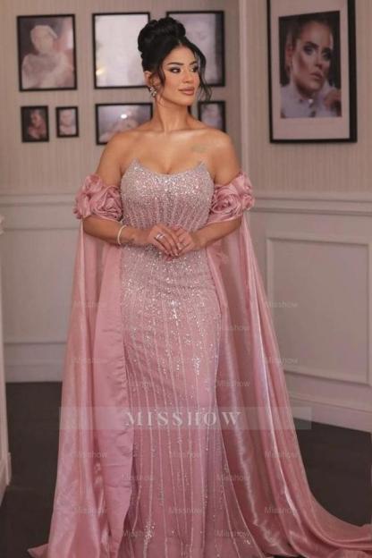 Pink Sequined Scoop Strapless Chiffon Mermaid Formal Dress with Flowers