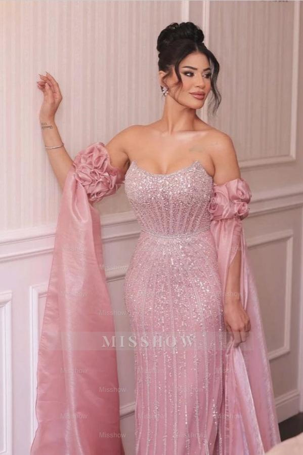 Pink Sequined Scoop Strapless Chiffon Mermaid Formal Dress with Flowers