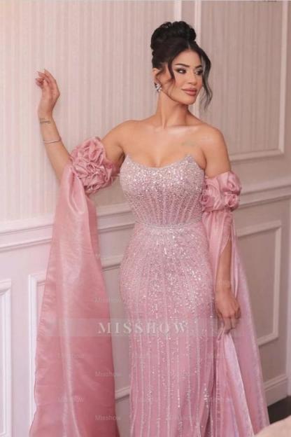 Pink Sequined Scoop Strapless Chiffon Mermaid Formal Dress with Flowers