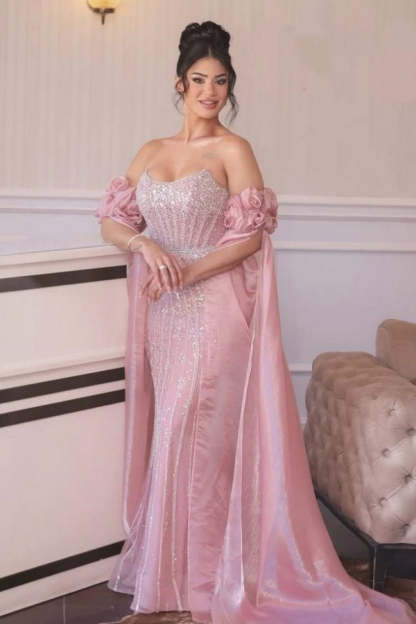 Pink Sequined Scoop Strapless Chiffon Mermaid Formal Dress with Flowers
