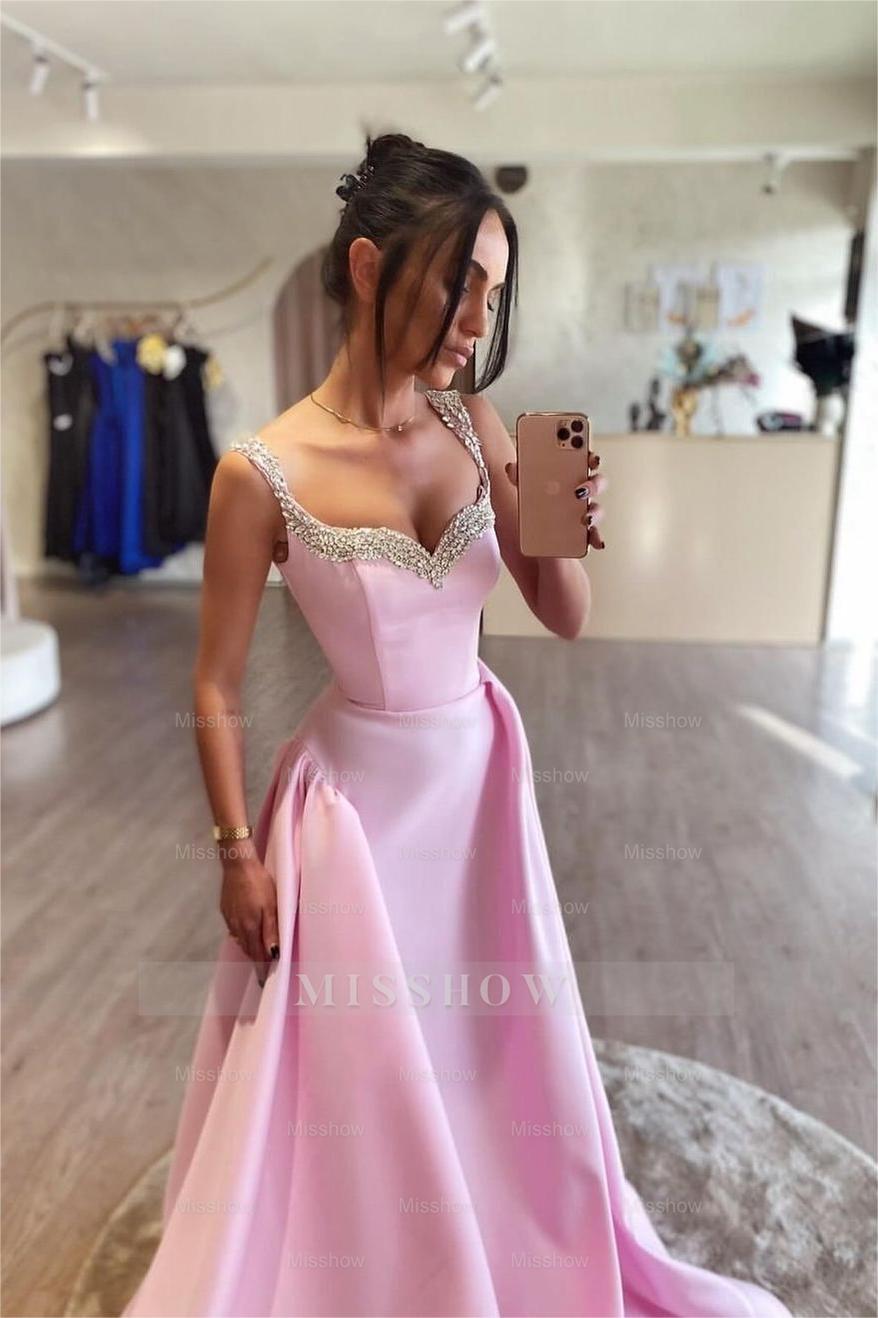 Pink Spaghetti Strap Sleeveless A Line Long Formal Dress With Beading