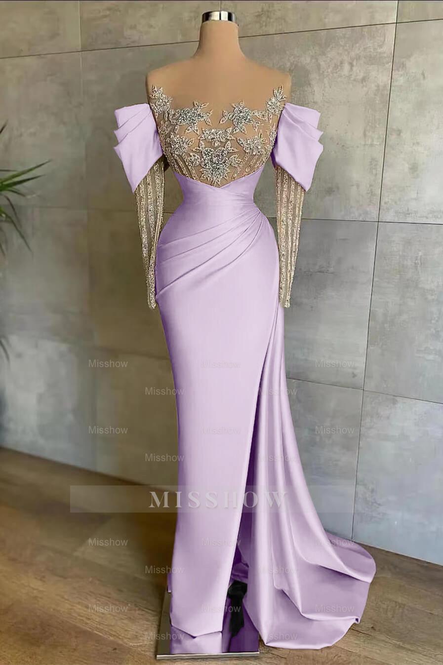 Pink Split Mermaid Long Sleeves Formal Dress Beadings With Appliques Off the Shoulder