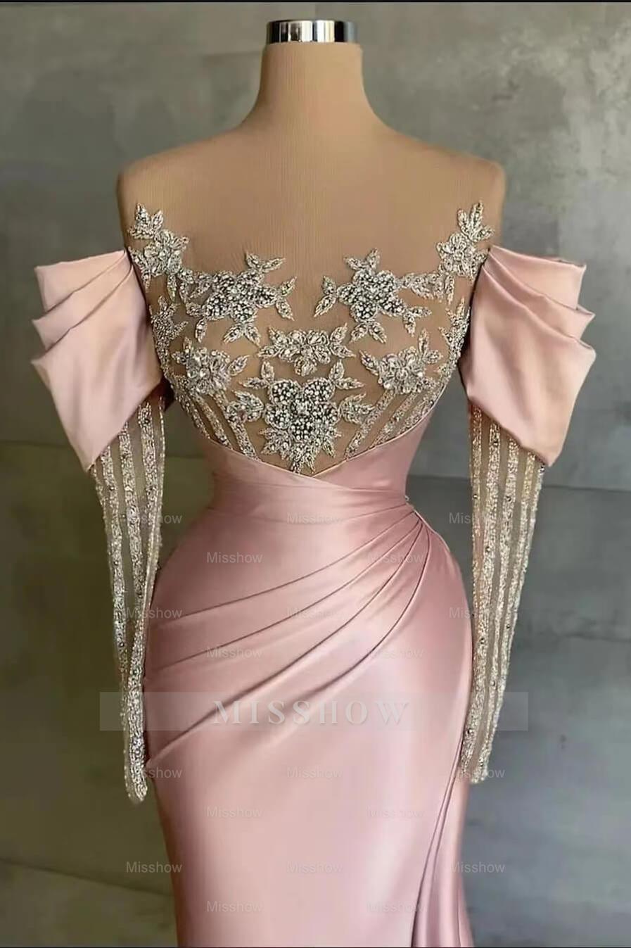 Pink Split Mermaid Long Sleeves Formal Dress Beadings With Appliques Off the Shoulder