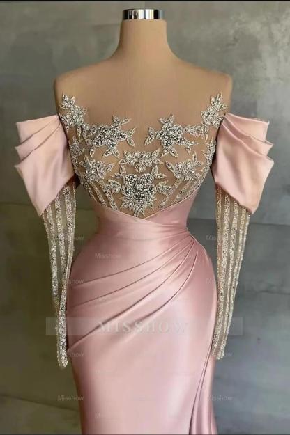 Pink Split Mermaid Long Sleeves Formal Dress Beadings With Appliques Off the Shoulder