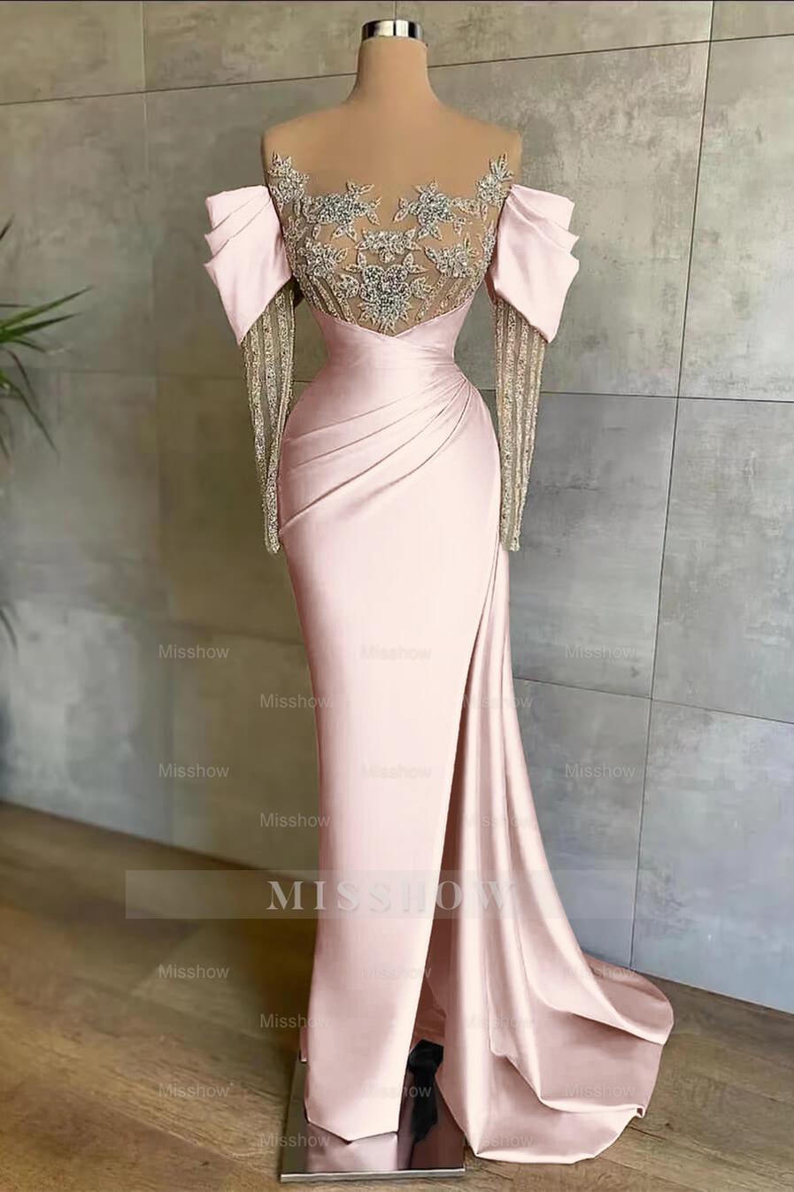Pink Split Mermaid Long Sleeves Formal Dress Beadings With Appliques Off the Shoulder
