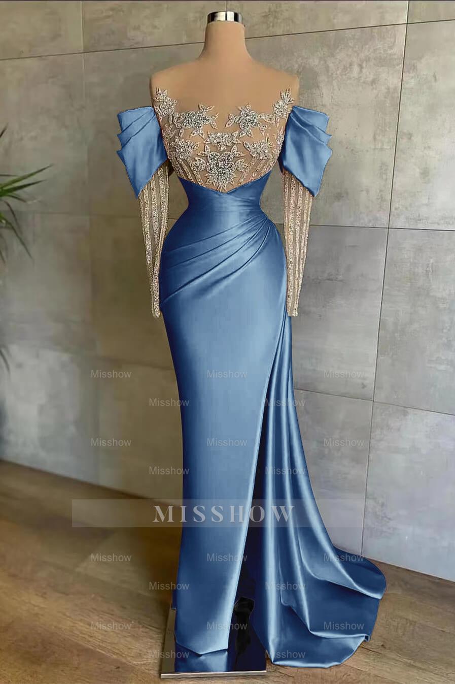 Pink Split Mermaid Long Sleeves Formal Dress Beadings With Appliques Off the Shoulder
