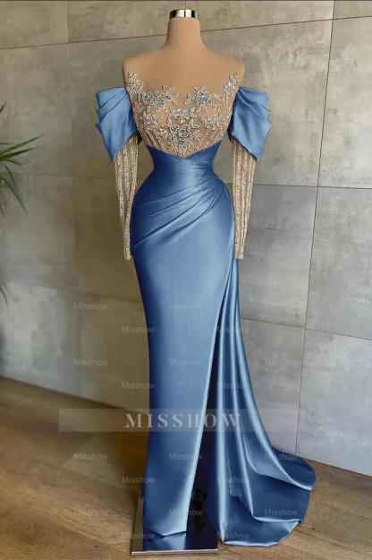 Pink Split Mermaid Long Sleeves Formal Dress Beadings With Appliques Off the Shoulder