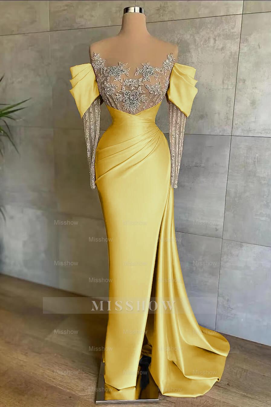 Pink Split Mermaid Long Sleeves Formal Dress Beadings With Appliques Off the Shoulder