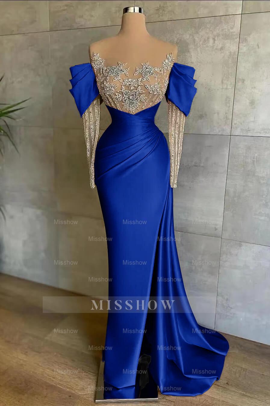 Pink Split Mermaid Long Sleeves Formal Dress Beadings With Appliques Off the Shoulder