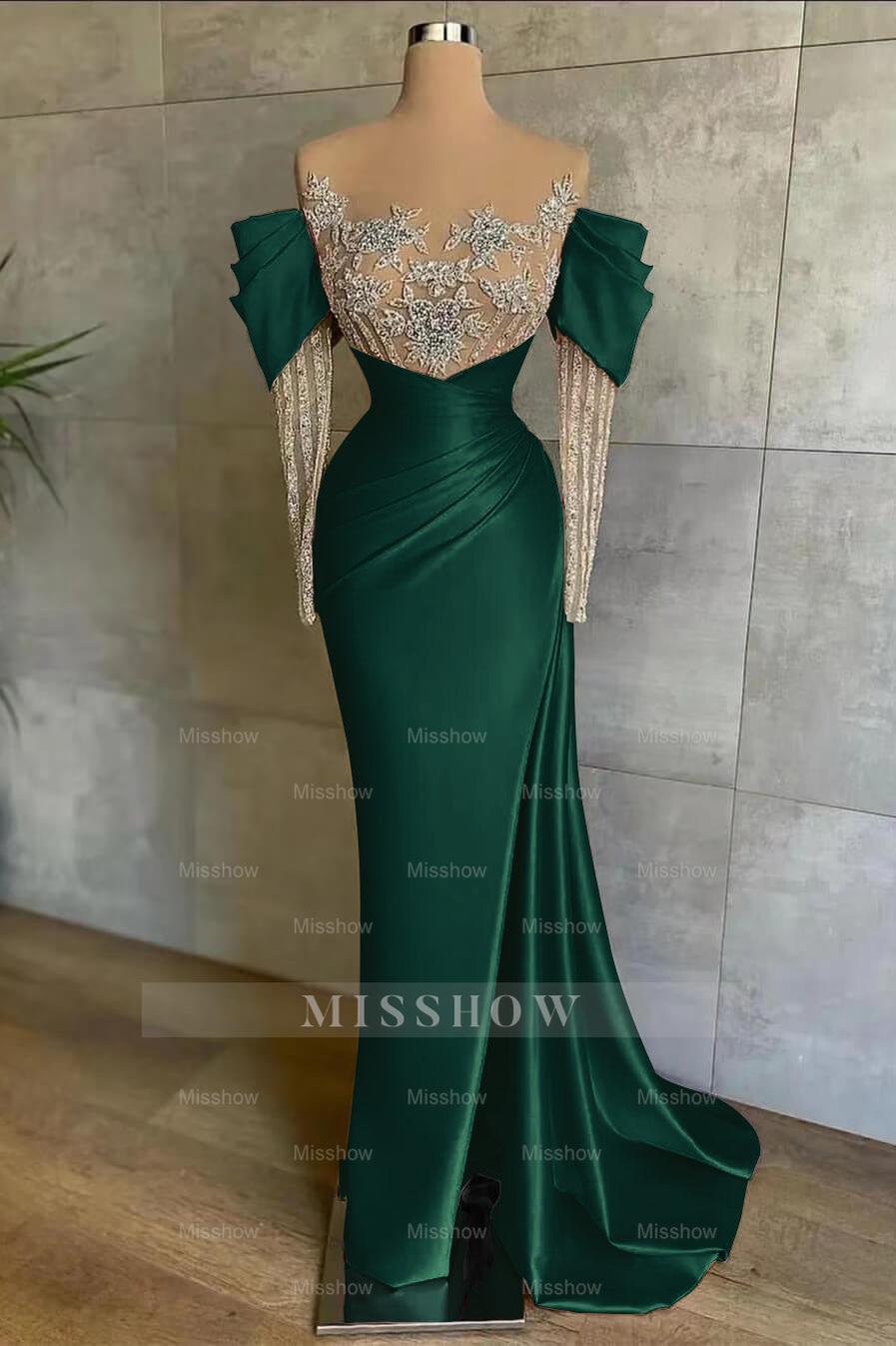 Pink Split Mermaid Long Sleeves Formal Dress Beadings With Appliques Off the Shoulder