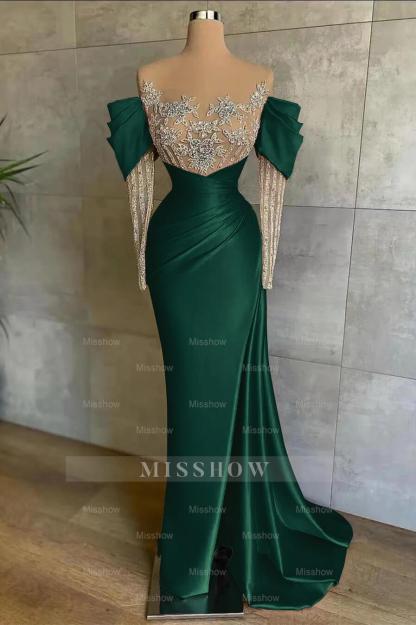 Pink Split Mermaid Long Sleeves Formal Dress Beadings With Appliques Off the Shoulder