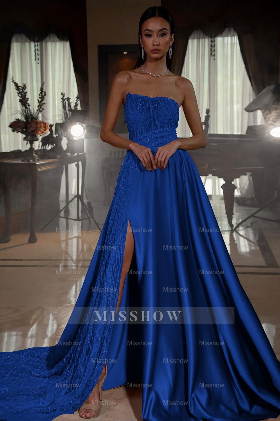 Pink Strapless A Line Sleeveless Sequins Long Formal Dress With Front Split