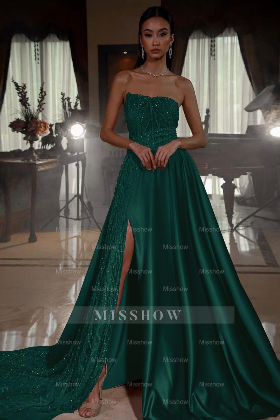 Pink Strapless A Line Sleeveless Sequins Long Formal Dress With Front Split