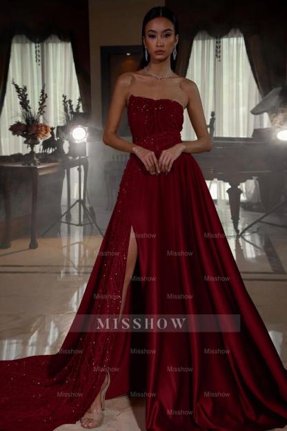 Pink Strapless A Line Sleeveless Sequins Long Formal Dress With Front Split