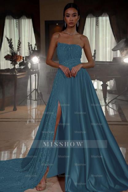 Pink Strapless A Line Sleeveless Sequins Long Formal Dress With Front Split