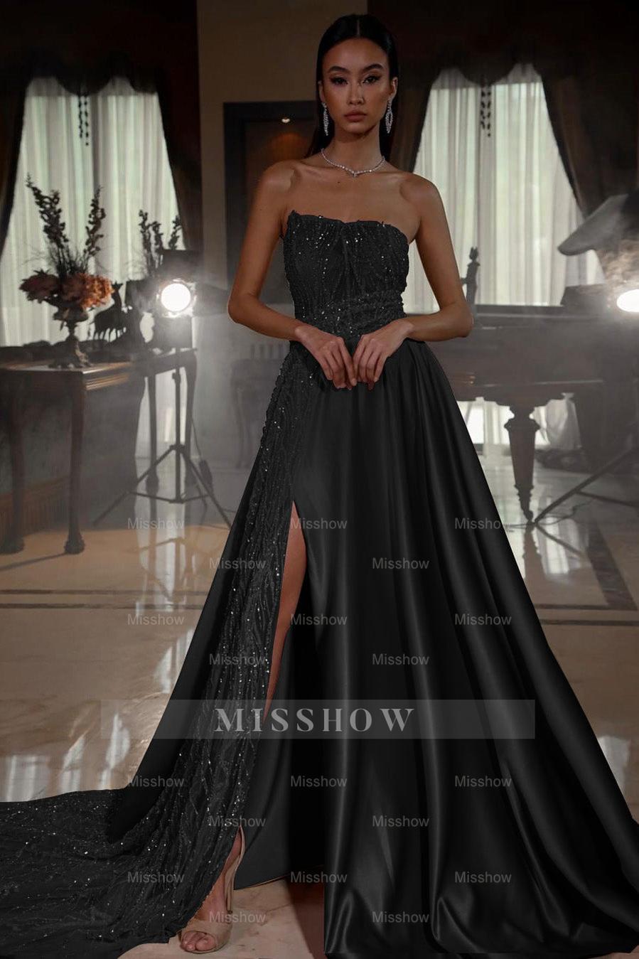 Pink Strapless A Line Sleeveless Sequins Long Formal Dress With Front Split