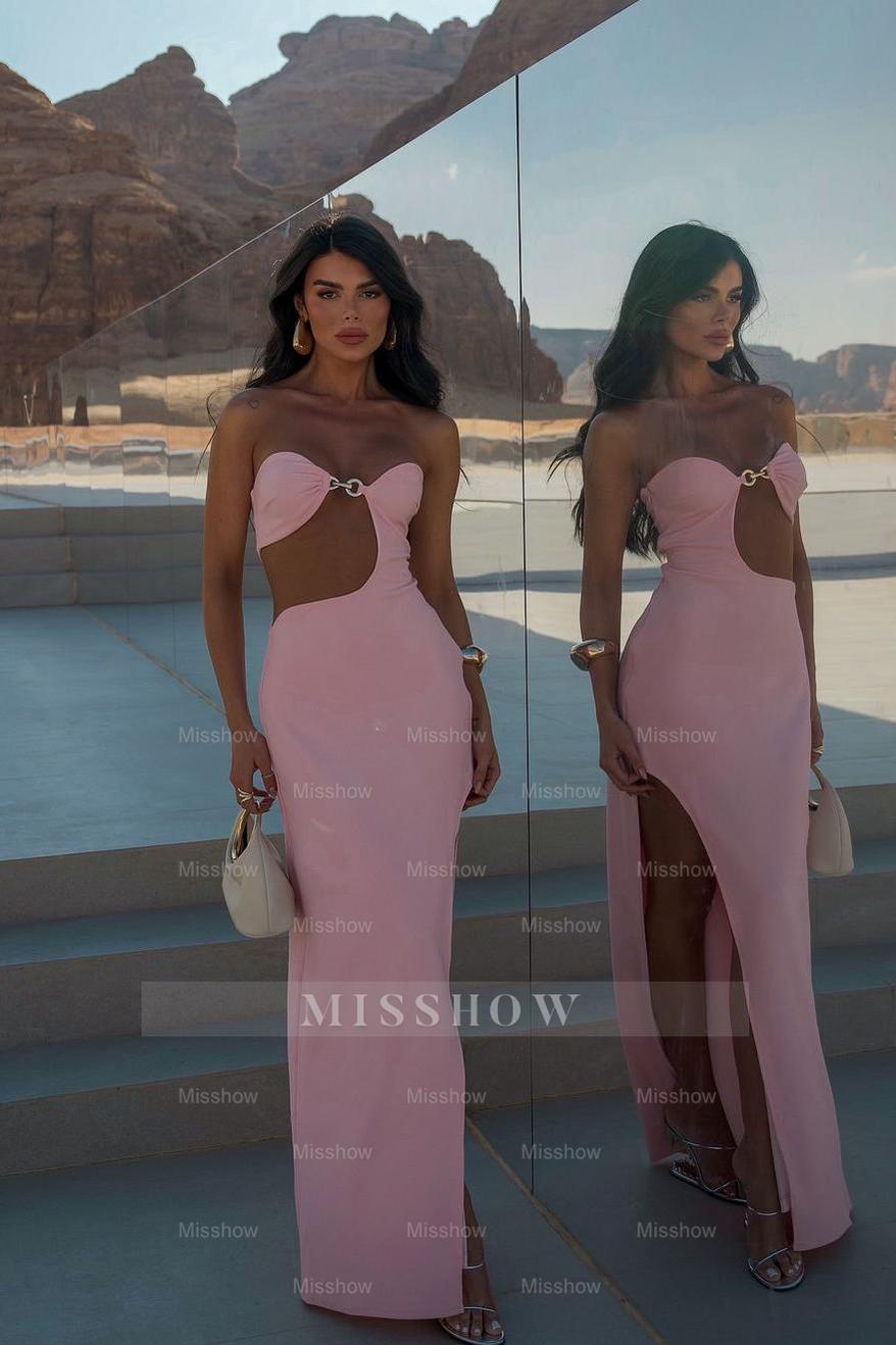 Pink Strapless Sleeveless Mermaid Split Long Formal Dress With Pleated