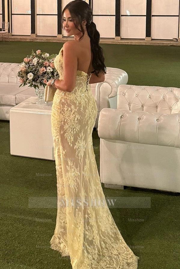 Popular Daffodil Sweetheart Sleeveless Mermaid Evening Dress with Appliques and Slit