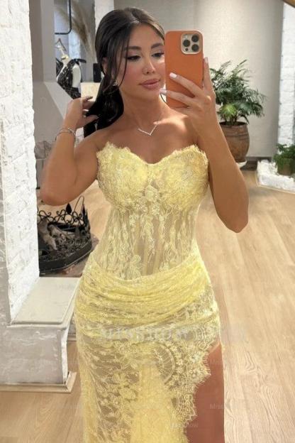 Popular Daffodil Sweetheart Sleeveless Mermaid Evening Dress with Appliques and Slit