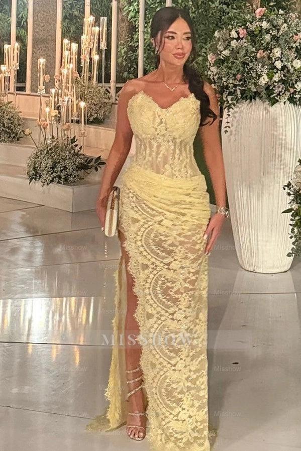 Popular Daffodil Sweetheart Sleeveless Mermaid Evening Dress with Appliques and Slit