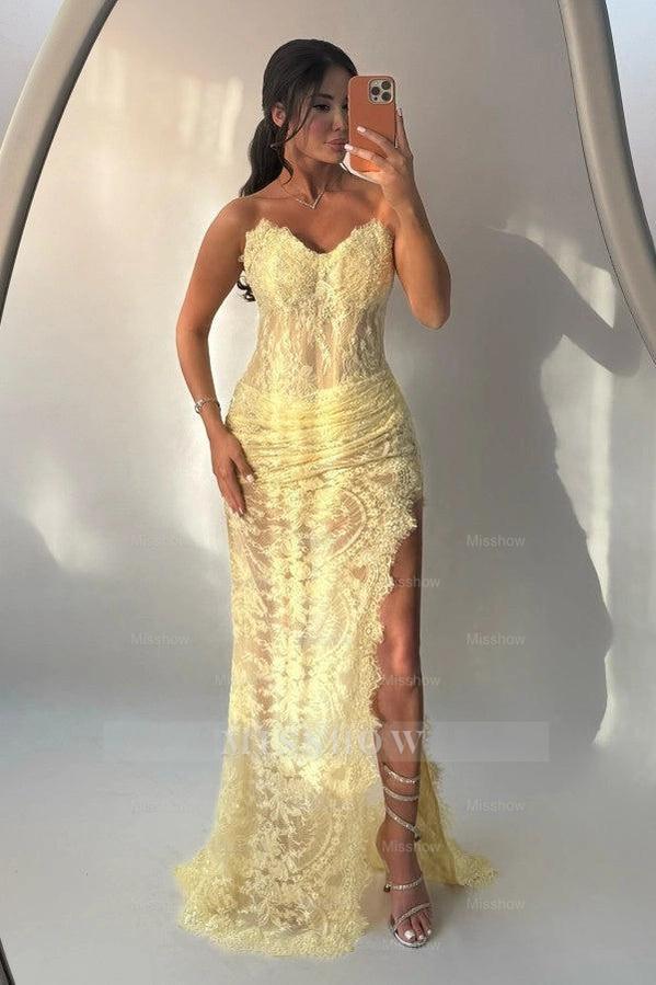 Popular Daffodil Sweetheart Sleeveless Mermaid Evening Dress with Appliques and Slit